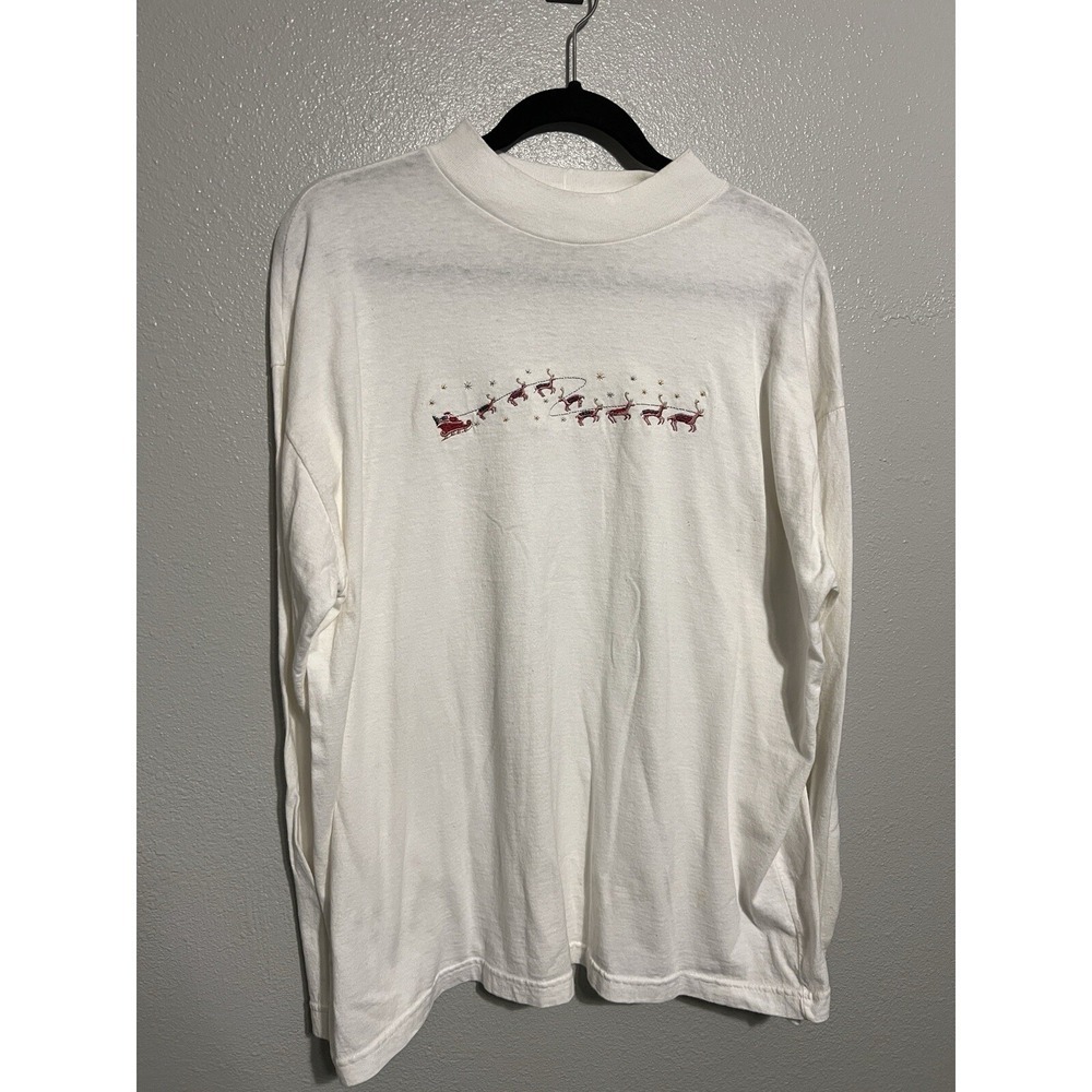 Vintage White Embroidered Christmas T-Shirt Desert Heat USA Made Sleigh Reindeer